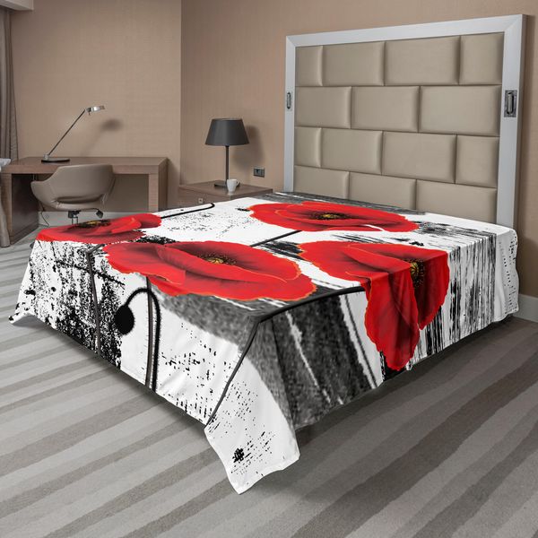 Abakuhaus Lenzuolo Mohn, Composizione Di Fiori Sbocciati Su Sfondo Grunge Pennellato, Morbido E Confortevole Lenzuolo Superiore Per Un Letto Decorativo 1 Pezzo 266 Cm X 260 Cm, Grigio Vermiglio-image