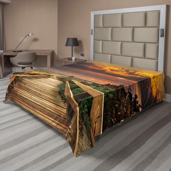 Abakuhaus Lenzuolo Con Paesaggio, Molo Di Legno Sul Mare Tranquillo Spiaggia Idilliaca Con Erbe E Cespugli Al Tramonto Mare, Lenzuolo Morbido E Confortevole Per Un Letto Decorativo 1 Pezzo 260 Cm X 228 Cm, Multicolore-image