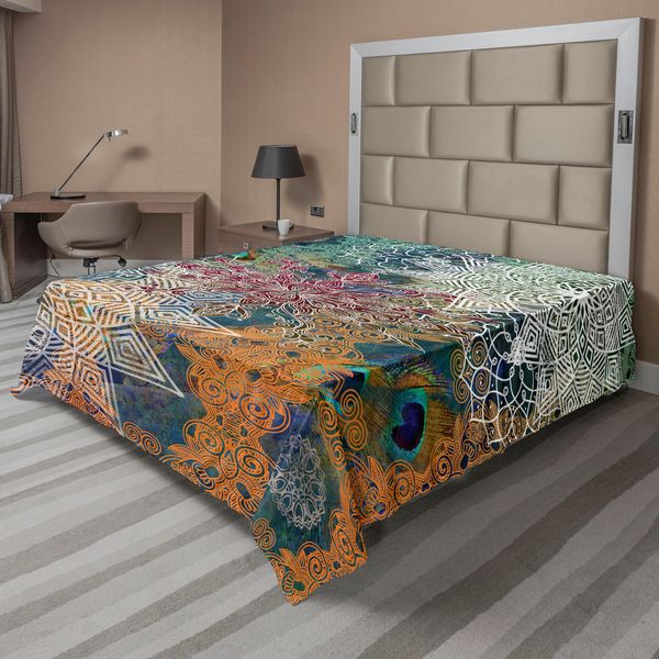 Abakuhaus Lenzuolo Etnico, Composizione Vintage In Stile Asiatico Orientale Con Mandala, Fiori E Piume Di Pavone, Lenzuolo Morbido E Confortevole Per Un Letto Decorativo 1 Pezzo 266 Cm X 260 Cm, Multicolore-image