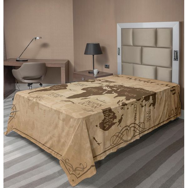 Abakuhaus Lenzuolo Con Mappa Del Mondo, Tema Vintage Mappa Topografica Del Mondo Paesi Grafica Stilizzata Rosa Dei Venti, Lenzuolo Morbido E Confortevole Per Un Letto Decorativo 1 Pezzo 260 Cm X 168 Cm, Marrone Pastello Tortora-image