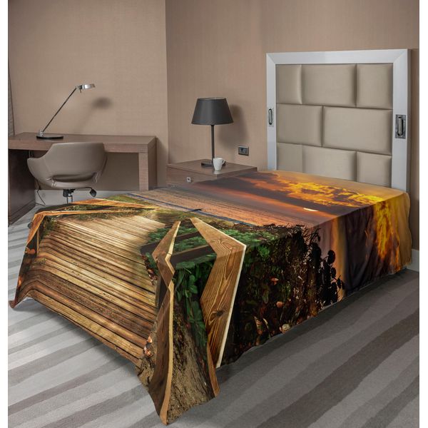 Abakuhaus Lenzuolo Con Paesaggio, Molo Di Legno Sul Mare Tranquillo Spiaggia Idilliaca Con Erbe E Cespugli Al Tramonto Mare, Lenzuolo Morbido E Confortevole Per Un Letto Decorativo 1 Pezzo 260 Cm X 168 Cm, Multicolore-image