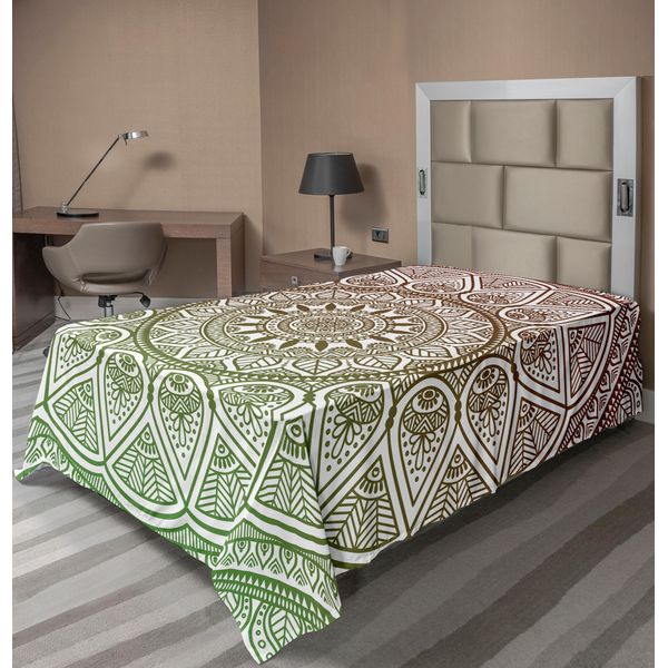 Abakuhaus Lenzuolo Medaglione, Disegno Stampato Con Motivi Geometrici Astratti E Motivi Etnici A Foglie, Lenzuolo Morbido E Confortevole Per Un Letto Decorativo 1 Pezzo 190 Cm X 100 Cm, Bordeaux E Verde-image