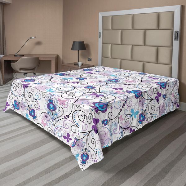 Abakuhaus Lenzuolo Con Fiori, Illustrazione Astratta E Sognante Di Fiori E Farfalle Che Volteggiano, Lenzuolo Morbido E Confortevole Per Un Letto Decorativo, 1 Pezzo 260 Cm X 228 Cm, Multicolore-image