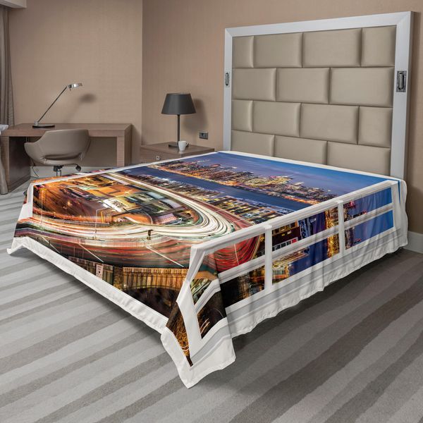 Abakuhaus City Night Lenzuolo, Urban Life Stati Uniti Tema Grattacieli Con Illustrazione Del Ponte Di Brooklyn, Morbido E Confortevole Lenzuolo Superiore Per Un Letto Decorativo 1 Pezzo 260 Cm X 228 Cm, Multicolore-image