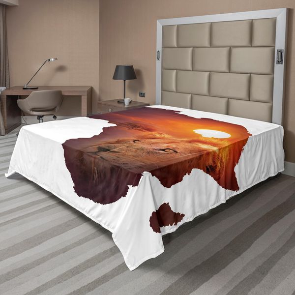 Abakuhaus Lenzuolo Safari, Arte Africana Leone Selvatico Tramonto Mappa Del Continente Africano Stampa A Doppia Esposizione, Morbido E Confortevole Lenzuolo Superiore Per Un Letto Decorativo 1 Pezzo 244 Cm X 205 Cm, Melanzana E Arancione-image