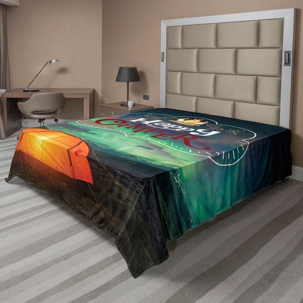 Abakuhaus Lenzuolo Da Campeggio Felice, Aurora Boreale, Cielo Notturno E Tenda, Tipografia Con Tema Naturale, Morbido E Confortevole Lenzuolo Superiore Per Un Letto Decorativo, 1 Pezzo, 244 Cm X 205 Cm, Multicolore-image