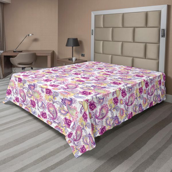 Abakuhaus Lenzuolo Paisley, Acquerello Con Motivo Tradizionale Asiatico Di Peonia, Morbido E Confortevole, Per Un Letto Decorativo, 1 Pezzo, 244 Cm X 205 Cm, Magenta, Giallo, Viola-image