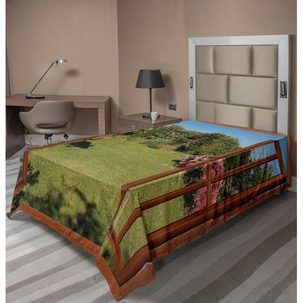 Abakuhaus Lenzuolo Artistico Da Giardino, Finestra Su Un Paesaggio Esotico Da Spiaggia Composizione Pastorale Con Palme, Morbido E Confortevole Lenzuolo Superiore Per Un Letto Decorativo 1 Pezzo 260 Cm X 168 Cm, Verde Oliva Redwood-image