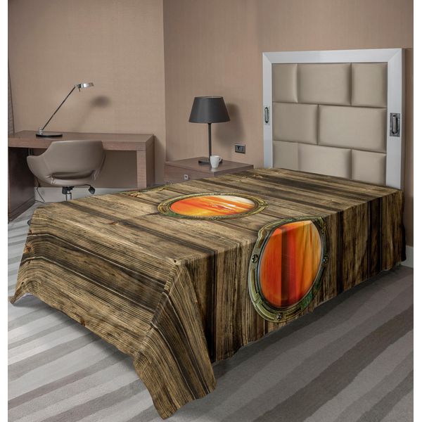 Abakuhaus Lenzuolo Nautico, Sfondo Rustico In Legno Con Motivo Navale, Finestre Ovali, Scene Oceaniche Arancioni Al Tramonto, Lenzuolo Morbido E Confortevole Per Un Letto Decorativo, 1 Pezzo, 260 Cm X 168 Cm, Multicolore-image