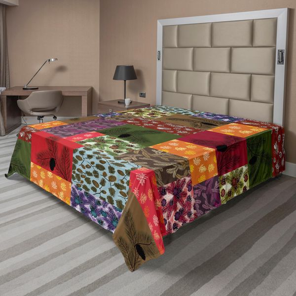 Abakuhaus Lenzuolo Botanico, Rami Di Pino Colorati Con Pannocchie In Stile Patchwork A Quadrati, Lenzuolo Superiore Morbido E Confortevole Per Un Letto Decorativo 1 Pezzo 244 Cm X 205 Cm, Multicolore-image