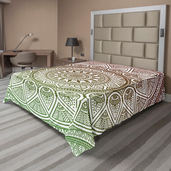 Abakuhaus Lenzuolo Medaglione, Disegno Stampato Con Motivi Geometrici Astratti E Motivi Etnici A Foglie, Lenzuolo Superiore Morbido E Confortevole Per Un Letto Decorativo 1 Pezzo 260 Cm X 228 Cm, Bordeaux E Verde-image