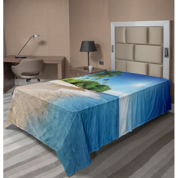 Abakuhaus Lenzuolo Blu, Palme Tropicali Dell'oceano Su Sunny Island Beach Scene - Immagine Panoramica, Lenzuolo Morbido E Confortevole Per Un Letto Decorativo 1 Pezzo 190 Cm X 100 Cm, Verde Bianco Blu-image
