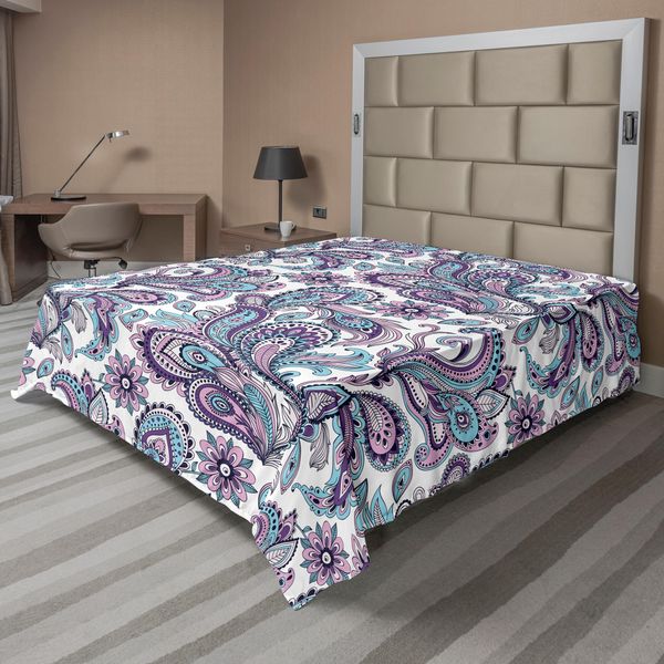 Abakuhaus Lenzuolo Paisley, Fiori Blu E Viola, Motivo Floreale, Stile Bohemien, Stampa Country, Lenzuolo Morbido E Confortevole Per Un Letto Decorativo, 1 Pezzo, 275 Cm X 260 Cm, Bianco, Viola, Blu-image