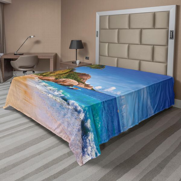 Abakuhaus Lenzuolo Da Letto, Design Estivo Palme Relax Maldive Costa Tropical Vacanze Oceano, Morbido E Confortevole Lenzuolo Superiore Per Un Letto Decorativo 1 Pezzo 260 Cm X 228 Cm, Blu Marrone-image