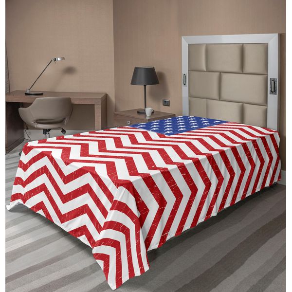 Abakuhaus Usa Lenzuolo, Bandiera Nazionale Con Disegno Sporco E Stelle A Zig Zag Colori Patriottici, Lenzuolo Morbido E Confortevole Per Un Letto Decorativo 1 Pezzo 260 Cm X 168 Cm, Blu Cobalto Bianco-image