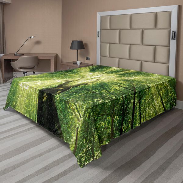 Abakuhaus Lenzuolo Da Letto Wald, Strisce Orizzontali Con Motivo Leopardato Ispirazione Indigena, Lenzuolo Superiore Morbido E Confortevole Per Un Letto Decorativo 1 Pezzo 260 Cm X 228 Cm, Verde E Verde Scuro-image