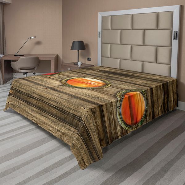 Abakuhaus Lenzuolo Nautico, Sfondo Rustico In Legno Con Motivo Navale, Finestre Ovali, Scene Oceaniche Arancioni Al Tramonto, Lenzuolo Morbido E Confortevole Per Un Letto Decorativo, 1 Pezzo, 260 Cm X 228 Cm, Multicolore-image
