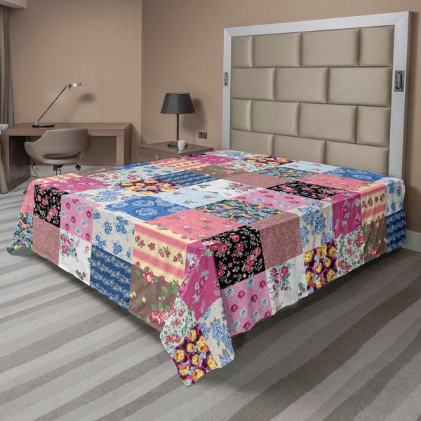 Abakuhaus Lenzuolo Vintage, Quadrati Geometrici A Scacchi Con Fiori Sbocciati, Composizione Floreale Primaverile, Lenzuolo Superiore Morbido E Confortevole Per Un Letto Decorativo, 1 Pezzo, 244 Cm X 205 Cm, Multicolore-image