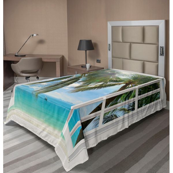 Abakuhaus Lenzuolo Tropicale, Finestra Su Un Paesaggio Esotico Da Spiaggia Composizione Pastorale Con Palme, Lenzuolo Superiore Morbido E Confortevole Per Un Letto Decorativo 1 Pezzo 190 Cm X 100 Cm, Multicolore-image