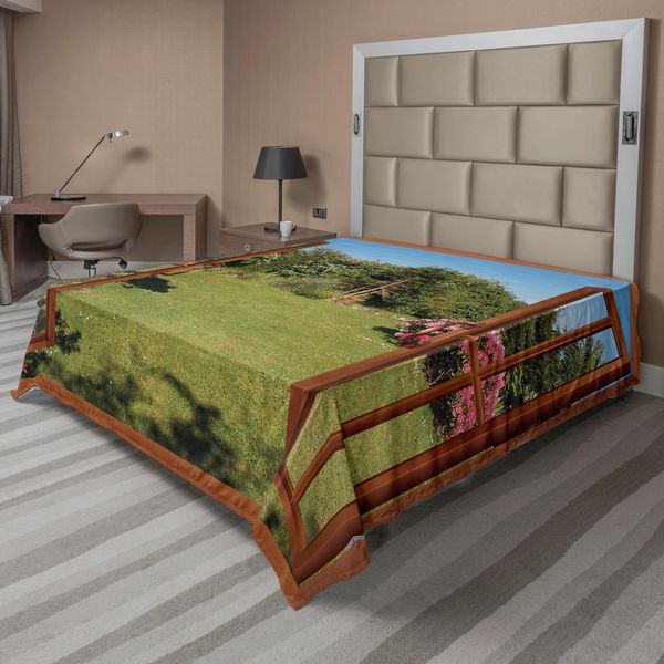 Abakuhaus Lenzuolo Artistico Da Giardino, Finestra Su Un Paesaggio Esotico Da Spiaggia Composizione Pastorale Con Palme, Morbido E Confortevole Lenzuolo Superiore Per Un Letto Decorativo 1 Pezzo 275 Cm X 260 Cm, Verde Oliva Redwood-image