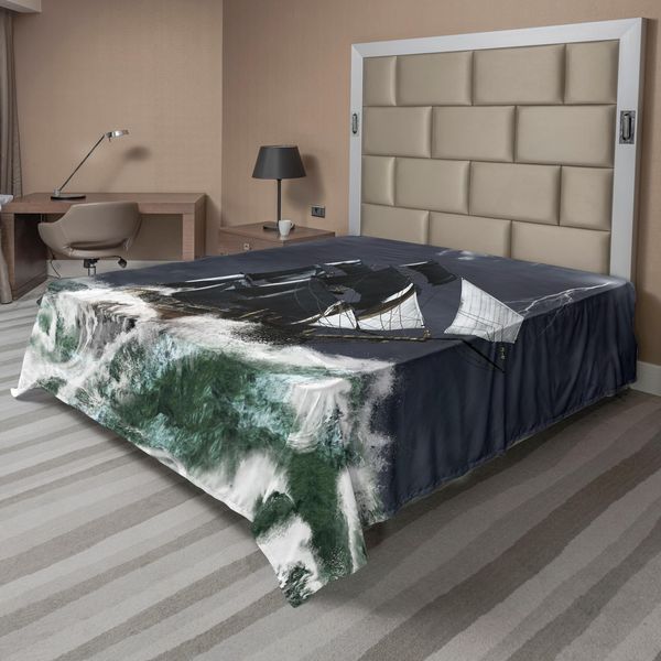 Abakuhaus Lenzuolo Nautico, Grande Nave Su Oceano Mosso In Una Tempesta Con Fulmini E Pirati Che Navigano, Lenzuolo Morbido E Confortevole Per Un Letto Decorativo 1 Pezzo 275 Cm X 260 Cm, Verde E Grigio-image