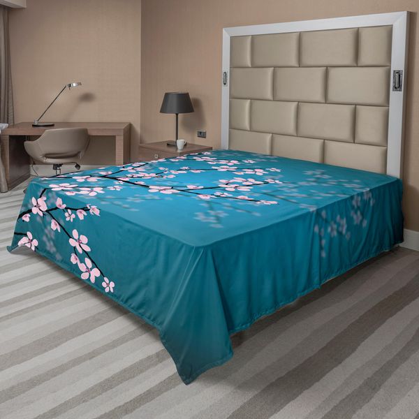 Abakuhaus Lenzuolo Giapponese, Rosa Fiorisce Foglie E Piante Artificiali Ombre Primavera Giapponese Fiori Di Ciliegio Nel Giardino Parco, Morbido Comodo Lenzuolo Superiore Per Un Letto Decorativo 1 Pezzo 275 Cm X 260 Cm, Blu Petrolio Rosa Chiaro-image