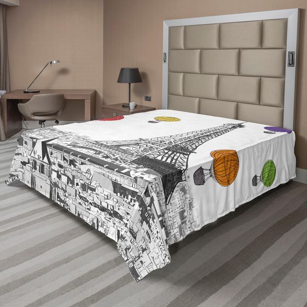 Abakuhaus Paris Lenzuolo, Mongolfiere In Stile Cartone Animato Con Illustrazione Della Capitale Francese, Lenzuolo Morbido E Confortevole Per Un Letto Decorativo 1 Pezzo 266 Cm X 260 Cm, Multicolore-image