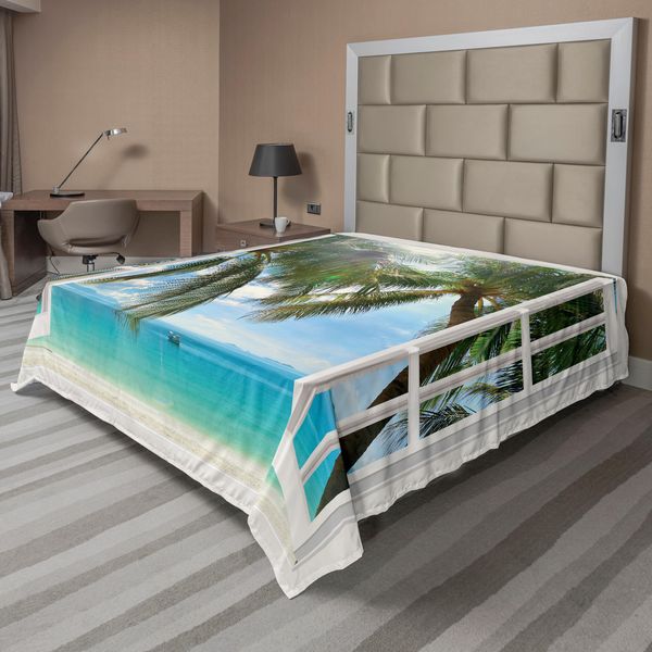 Abakuhaus Lenzuolo Tropicale, Finestra Su Un Paesaggio Esotico Da Spiaggia Composizione Pastorale Con Palme, Lenzuolo Morbido E Confortevole Per Un Letto Decorativo 1 Pezzo 244 Cm X 205 Cm, Multicolore-image
