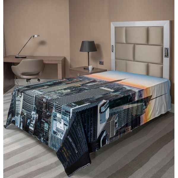 Abakuhaus New York Lenzuolo, Nyc Manhattan Skyline Panorama Urbano Moderno Tramonto Paesaggio Stampa Fotografica, Morbido E Confortevole Lenzuolo Superiore Per Un Letto Decorativo 1 Pezzo 260 Cm X 168 Cm, Grigio E Arancione-image
