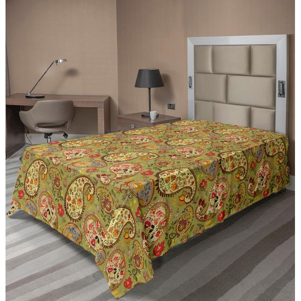 Abakuhaus Lenzuolo Paisley, Motivo Orientale Antico Colorato Di Ispirazione Persiana Su Stampa Verde, Lenzuolo Morbido E Confortevole Per Un Letto Decorativo 1 Pezzo 190 Cm X 100 Cm, Multicolore-image