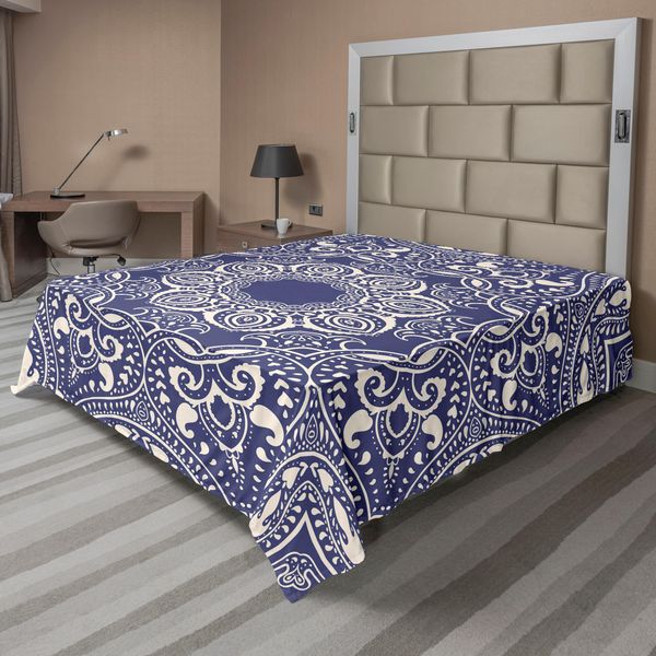 Abakuhaus Lenzuolo Orientale, Motivo Culturale Indù Orientale, Rappresentazione Artistica Spiritualistica, Lenzuolo Morbido E Confortevole Per Un Letto Decorativo, 1 Pezzo, 266 Cm X 260 Cm, Blu E Crema-image