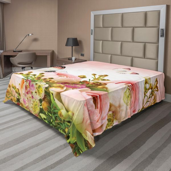 Abakuhaus Lenzuolo A Farfalla, Colori Pastello Rose In Fiore Con Insetti Primaverili Romantico Femminile, Morbido E Confortevole Lenzuolo Superiore Per Un Letto Decorativo 1 Pezzo 260 Cm X 228 Cm, Multicolore-image