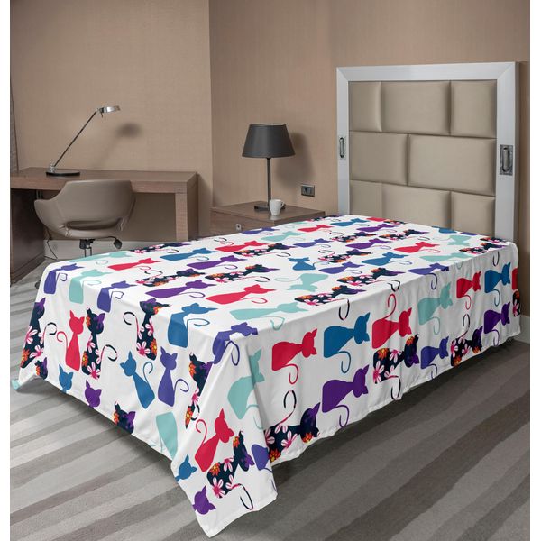 Abakuhaus Lenzuolo Con Stampa Gatti, Animaletti Colorati Con Fiori E Simpatici Gattini, Morbido E Confortevole Lenzuolo Superiore Per Un Letto Decorativo, 1 Pezzo 190 Cm X 100 Cm, Multicolore-image