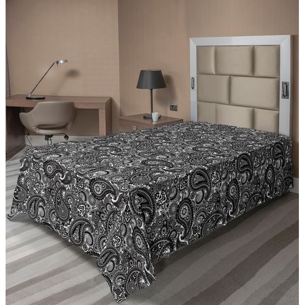 Abakuhaus Lenzuolo Paisley, Motivo Asiatico Con Simboli Religiosi Ed Elementi Tradizionali, Lenzuolo Morbido E Confortevole Per Un Letto Decorativo 1 Pezzo 190 Cm X 100 Cm, Bianco E Grigio Scuro-image