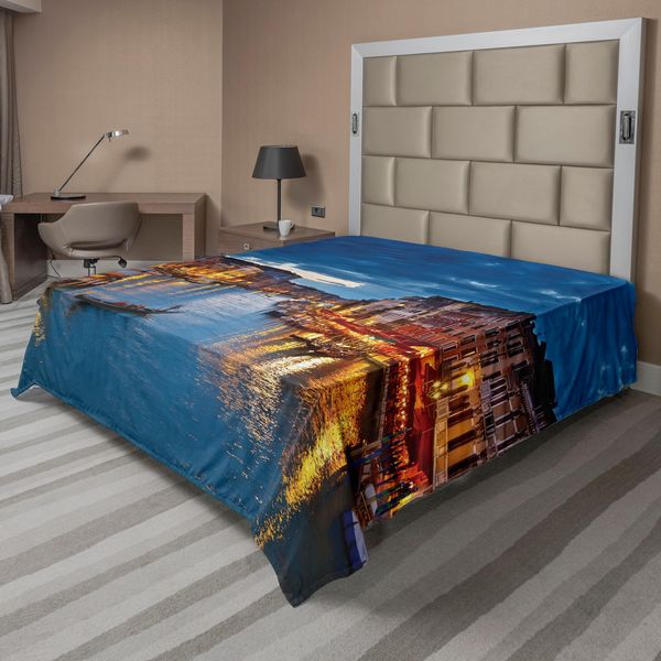 Abakuhaus Venezia Lenzuolo, Vista Sul Canal Grande Dal Ponte Di Rialto Al Tramonto Paesaggio Europeo Italiano Stampa, Lenzuolo Superiore Morbido E Confortevole Per Un Letto Decorativo 1 Pezzo 244 Cm X 205 Cm, Indaco E Giallo-image