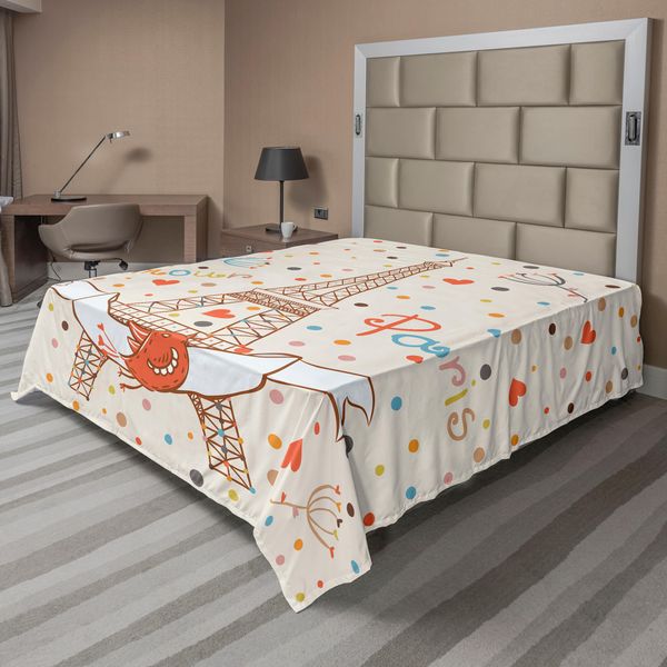 Abakuhaus Lenzuolo Da Letto Per Luna Di Miele, Torre Eiffel Di Parigi, Uccellino Dell'amore, Nastro A Pois Colorati, Tema Vacanze, Stampa, Lenzuolo Morbido E Confortevole Per Un Letto Decorativo, 1 Pezzo, 260 Cm X 228 Cm, Multicolore-image