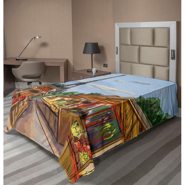 Abakuhaus Paris Lenzuolo, Illustrazione Colorata Dipinta A Mano Libera Raffigurante La Torre Eiffel, Lenzuolo Morbido E Confortevole Per Un Letto Decorativo 1 Pezzo 260 Cm X 168 Cm, Ambra E Blu-image