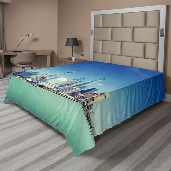 Abakuhaus Cina Panorama Urbano Lenzuolo, Shanghai Skyline Pudong Fiume Scenari Grattacieli Immagine Moderna, Morbido E Confortevole Lenzuolo Superiore Per Un Letto Decorativo 1 Pezzo 244 Cm X 205 Cm, Verde Menta Blu Grigio-image