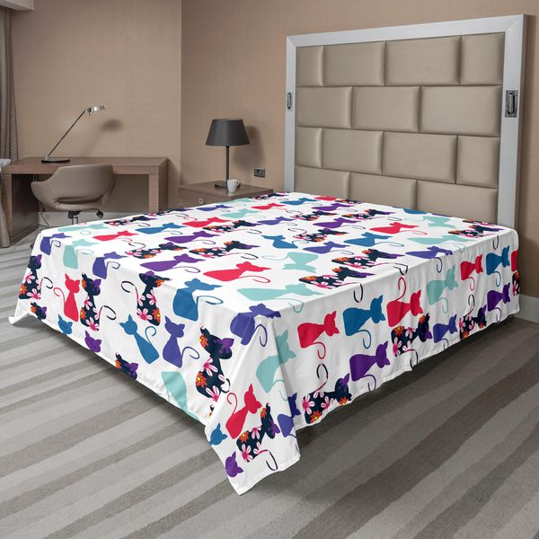 Abakuhaus Lenzuolo Con Stampa Gatti, Animaletti Colorati Con Fiori E Simpatici Gattini, Morbido E Confortevole Lenzuolo Superiore Per Un Letto Decorativo, 1 Pezzo 260 Cm X 228 Cm, Multicolore-image