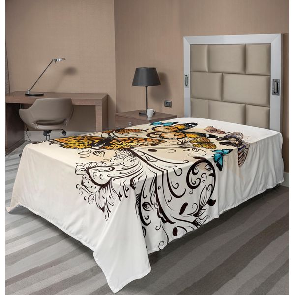 Abakuhaus Lenzuolo Con Farfalle, Farfalle Monarca Stampa Artistica Ispirata Al Damasco Vintage, Lenzuolo Morbido E Confortevole Per Un Letto Decorativo 1 Pezzo 260 Cm X 168 Cm, Marrone Chiaro Azzurro-image