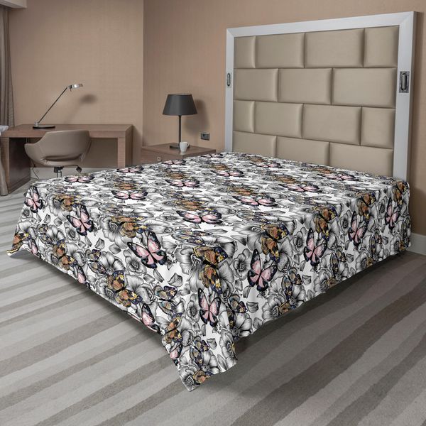 Abakuhaus Lenzuolo Con Farfalle, Farfalle Disegnate A Mano E Fiori In Stile Retrò Nostalgico, Morbido E Confortevole Lenzuolo Superiore Per Un Letto Decorativo, 1 Pezzo, 260 Cm X 228 Cm, Multicolore-image