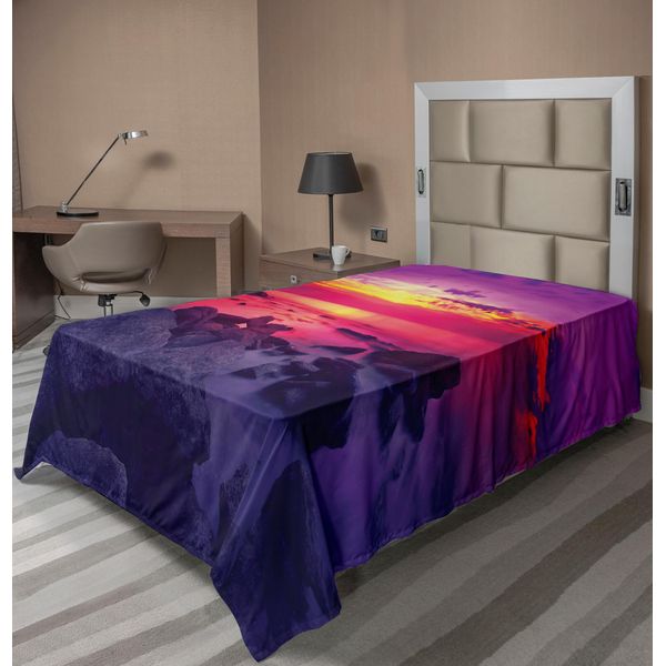 Abakuhaus Lenzuolo Americana, Tramonto Spettacolare Sul Mare, Stampa Tropicale Strant Summer, Lenzuolo Morbido E Confortevole Per Un Letto Decorativo, 1 Pezzo, 190 Cm X 100 Cm, Giallo, Viola, Rosso-image