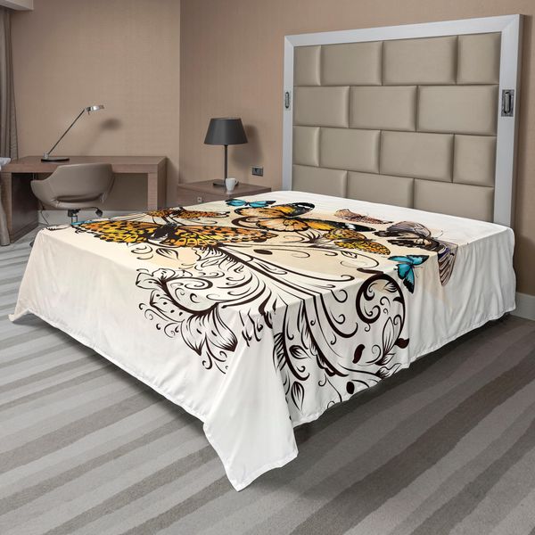Abakuhaus Lenzuolo Con Farfalle, Farfalle Monarca Stampa Artistica Ispirata Al Damasco Vintage, Lenzuolo Morbido E Confortevole Per Un Letto Decorativo 1 Pezzo 275 Cm X 260 Cm, Marrone Chiaro Azzurro-image