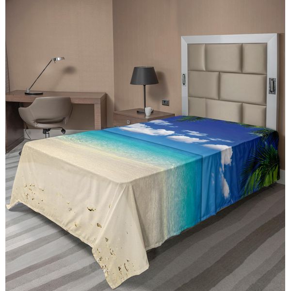 Abakuhaus Lenzuolo Da Viaggio, Isola Soleggiata, Vista Vacanze, Cielo Limpido, Immagine Panoramica Estiva Della Costa, Lenzuolo Morbido E Confortevole Per Un Letto Decorativo, 1 Pezzo, 190 Cm X 100 Cm, Blu Reale, Sabbia, Marrone-image
