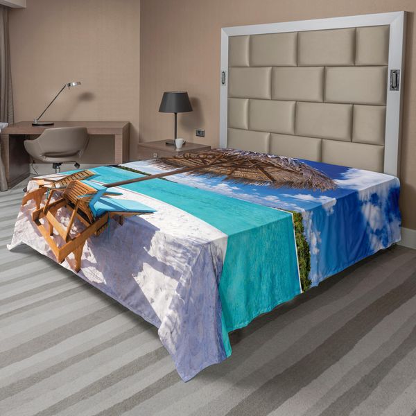 Abakuhaus Lenzuolo Da Spiaggia, Maldive Scene Spiaggia Vista Lettino Romantico Luna Di Miele Tema, Morbido E Confortevole Lenzuolo Superiore Per Un Letto Decorativo 1 Pezzo 275 Cm X 260 Cm, Marrone Acquamarina Bianco-image