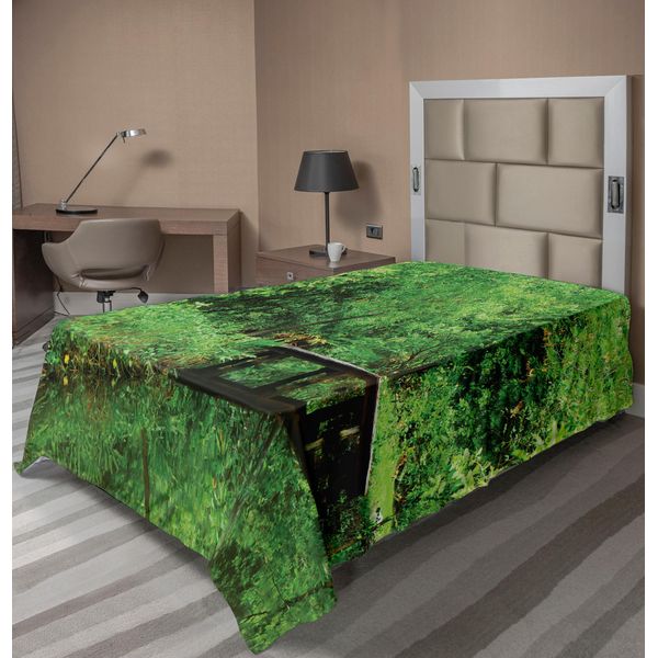 Abakuhaus Lenzuolo Da Letto, Tema "Nel Profondo Della Foresta"" Paesaggio Boscoso E Ponte Foglie Rigogliose Paesaggio Rurale, Morbido E Confortevole Lenzuolo Superiore Per Un Letto Decorativo 1 Pezzo 190 Cm X 100 Cm, Verde Marrone"-image