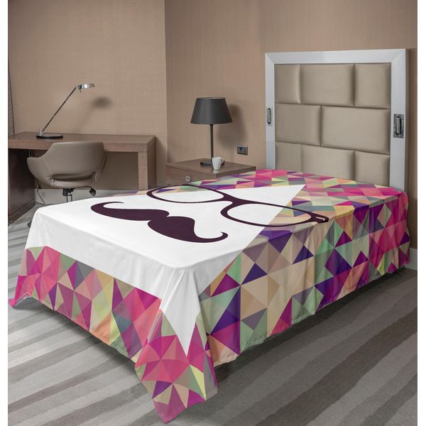 Abakuhaus Lenzuolo Geometrico, Baffi Hipster E Occhiali Su Sfondo Bianco A Mosaico Triangolare Con Stampa Divertente, Lenzuolo Morbido E Confortevole Per Un Letto Decorativo 1 Pezzo 260 Cm X 168 Cm, Multicolore-image