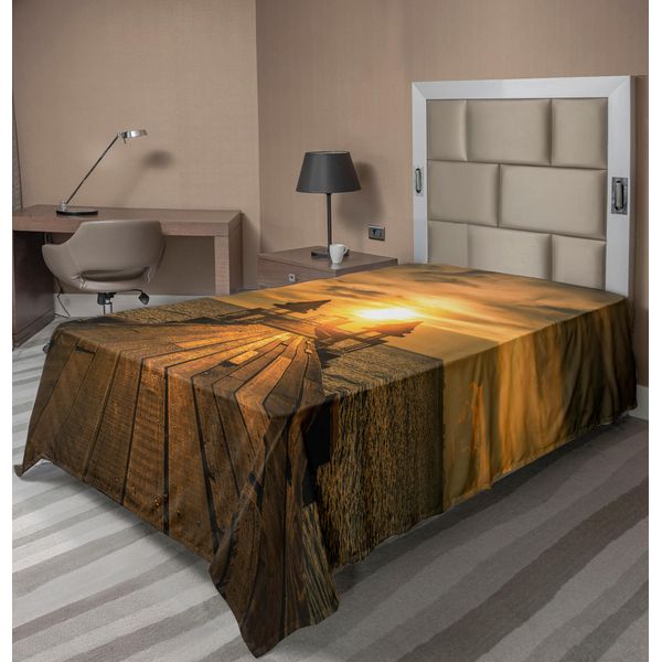 Abakuhaus Lenzuolo Da Letto, Wooden Dock Serene Bangkok Al Mattino, Sole E Oceano, Stampa, Morbido E Confortevole Lenzuolo Superiore Per Un Letto Decorativo, 1 Pezzo, 260 Cm X 168 Cm, Blu Scuro, Giallo, Marrone-image