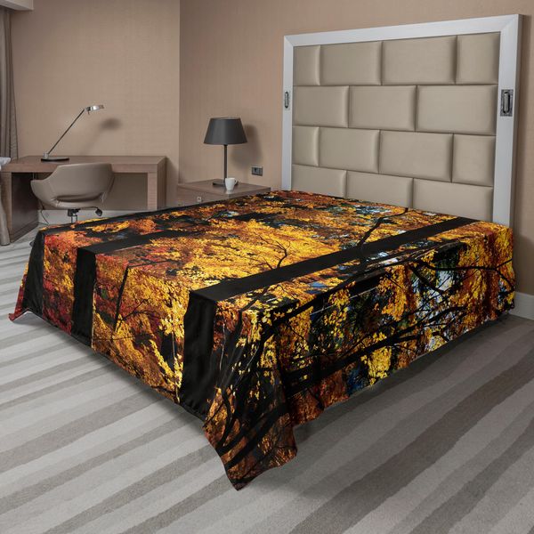 Abakuhaus Lenzuolo Con Motivo Alberi, Fogliame Autunnale Immagine Trainquil Forest Paesaggio Immagine, Morbido E Confortevole Lenzuolo Superiore Per Un Letto Decorativo 1 Pezzo 244 Cm X 205 Cm, Marrone Scuro Arancione Giallo-image