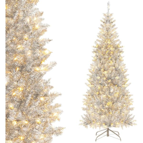 Costway 180 Cm Matita Albero Di Natale Tinsel, Albero Di Natale Artificiale Con Luci Led Bianco Caldo E Stand In Metallo, Albero Di Natale Sottile Pvc, Albero Artificiale Natale Ufficio Casa Negozi, Argento-image